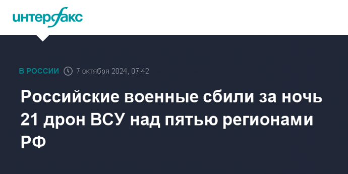 Российские военные сбили за ночь 21 дрон ВСУ над пятью регионами РФ