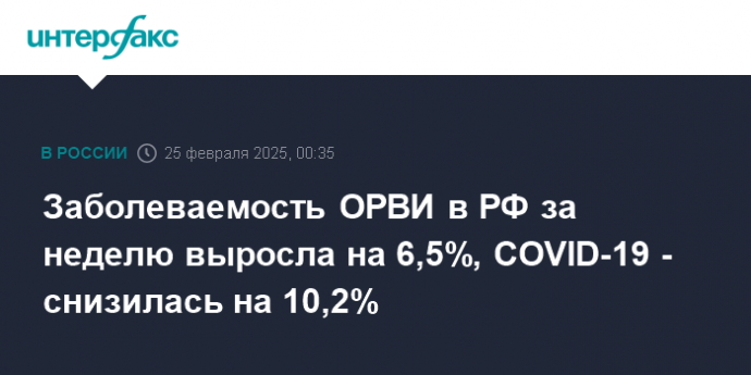 Заболеваемость ОРВИ в РФ за неделю выросла на 6,5%, COVID-19 - снизилась на 10,2%