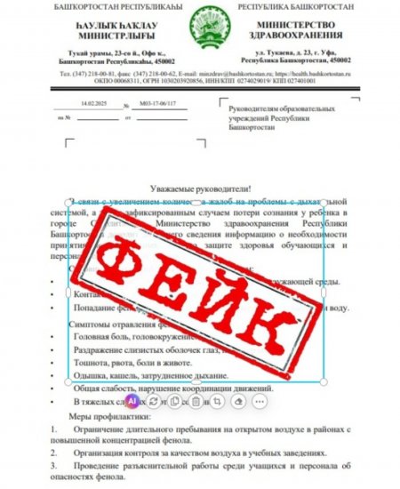 Минздрав Башкирии сообщил о фейковых письмах о феноле