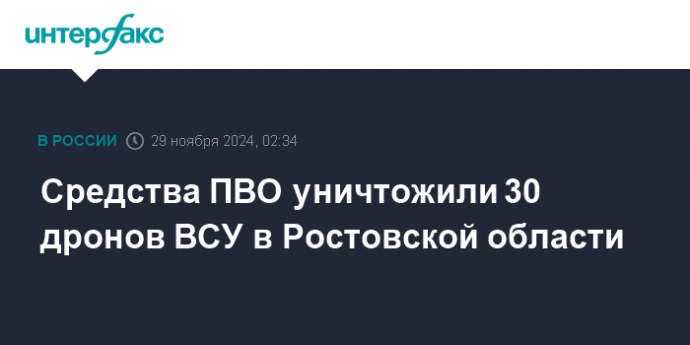 Средства ПВО уничтожили 30 дронов ВСУ в Ростовской области