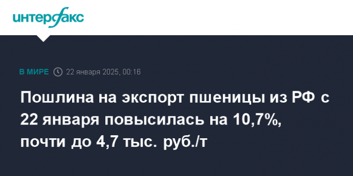 Пошлина на экспорт пшеницы из РФ с 22 января повысилась на 10,7%, почти до 4,7 тыс. руб./т