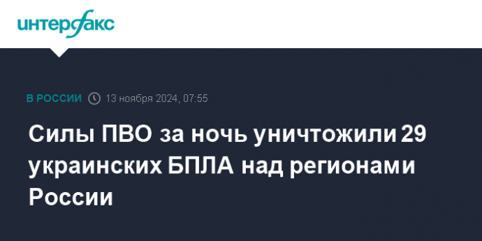 Силы ПВО за ночь уничтожили 29 украинских БПЛА над регионами России