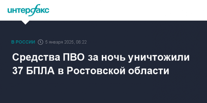 Средства ПВО за ночь уничтожили 37 БПЛА в Ростовской области