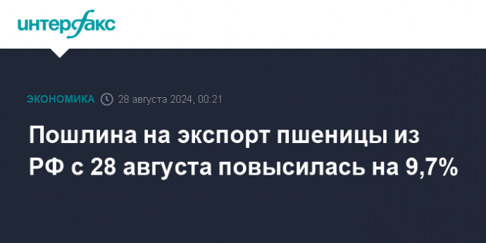 Пошлина на экспорт пшеницы из РФ с 28 августа повысилась на 9,7%