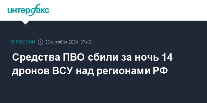 Средства ПВО сбили за ночь 14 дронов ВСУ над регионами РФ