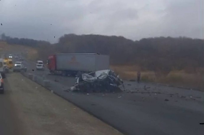 Легковушка всмятку. Кадры жуткой аварии на трассе в Приморье появились в соцсетях