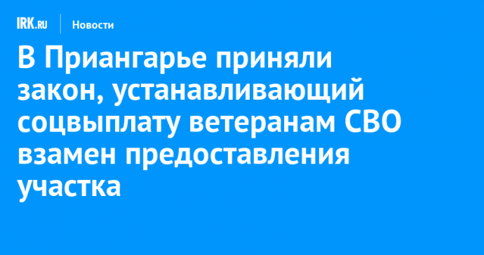 В Иркутской области приняли закон, устанавливающий соцвыплату ветеранам СВО взамен предоставления участка