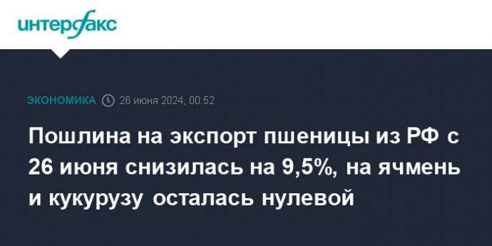 Пошлина на экспорт пшеницы из РФ с 26 июня снизилась на 9,5%, на ячмень и кукурузу осталась нулевой