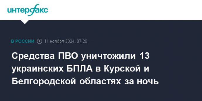 Средства ПВО уничтожили 13 украинских БПЛА в Курской и Белгородской областях за ночь