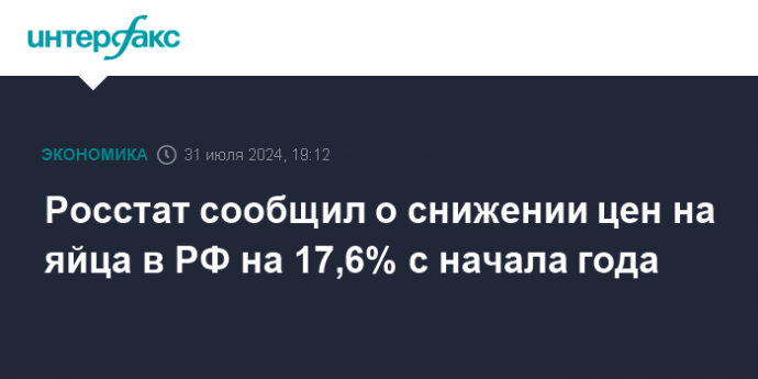 Росстат сообщил о снижении цен на яйца в РФ на 17,6% с начала года