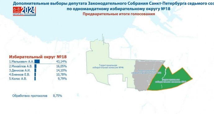 Максим Мейксин: предварительные итоги дополнительных выборов депутата Законодательного Собрания Санкт-Петербурга по 18 округу по результатам обработки 8,75% бюллетеней