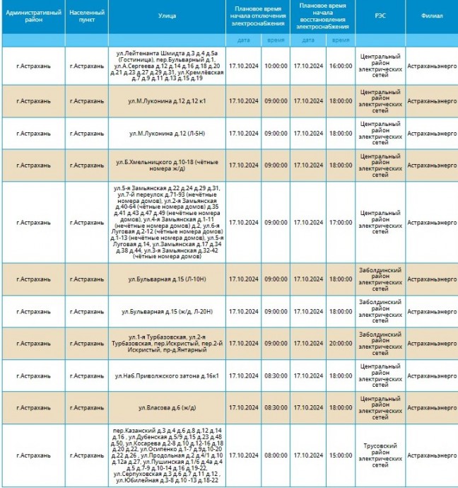 17 октября массово отключат свет жителям тридцати улиц Астрахани