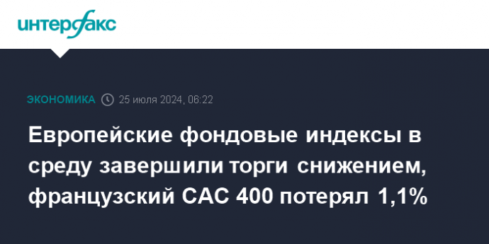 Европейские фондовые индексы в среду завершили торги снижением, французский CAC 400 потерял 1,1%